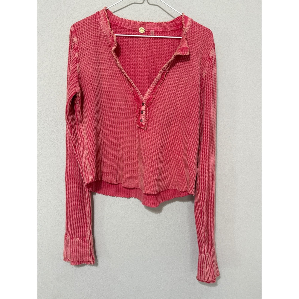 Free People One Cult Thermal Henley Women Medium Pink Waffle Knit Long Sleeve